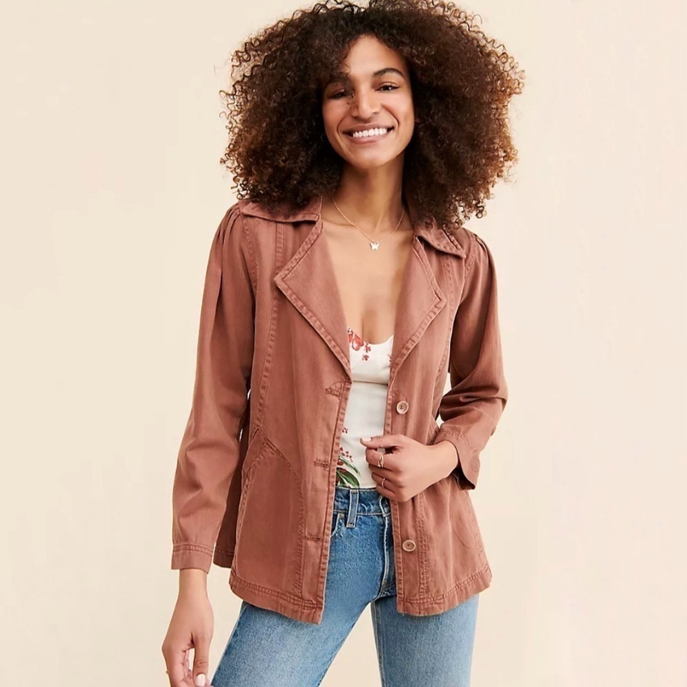 Anthropologie Soft Twill Relaxed Notch Lapel Belted Jacket Burnt Paprika Brown S